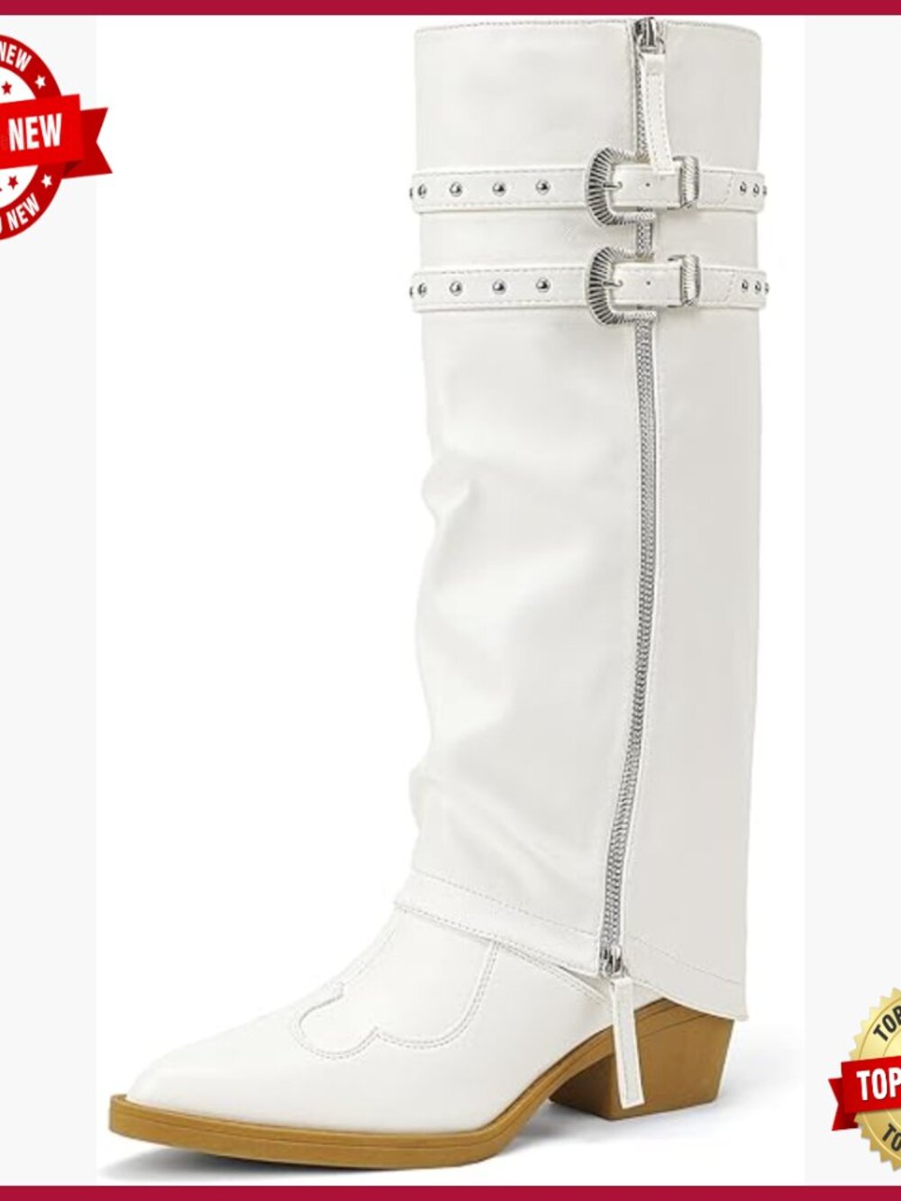 Women's Knee High Fold Over Cowboy Boots with Studs and Side Zipper